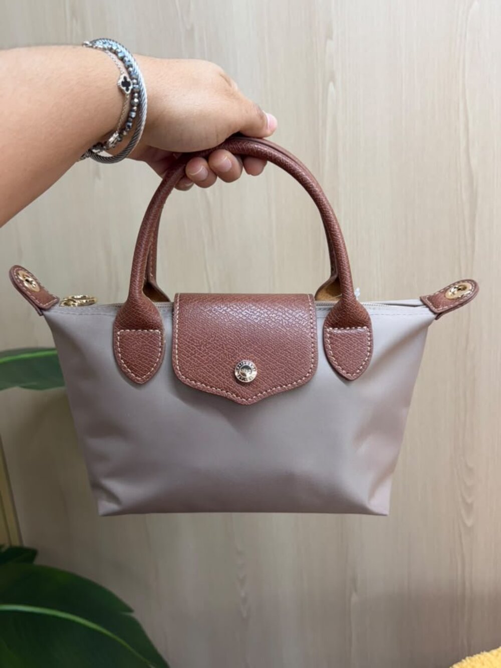 Taupe Small Nylon Tote Bag with Vegan Leather Trim